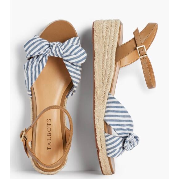 Talbots Women's 7 white blue stripe Pamela Knotted Espadrille Wedges sandal NEW - Picture 1 of 8